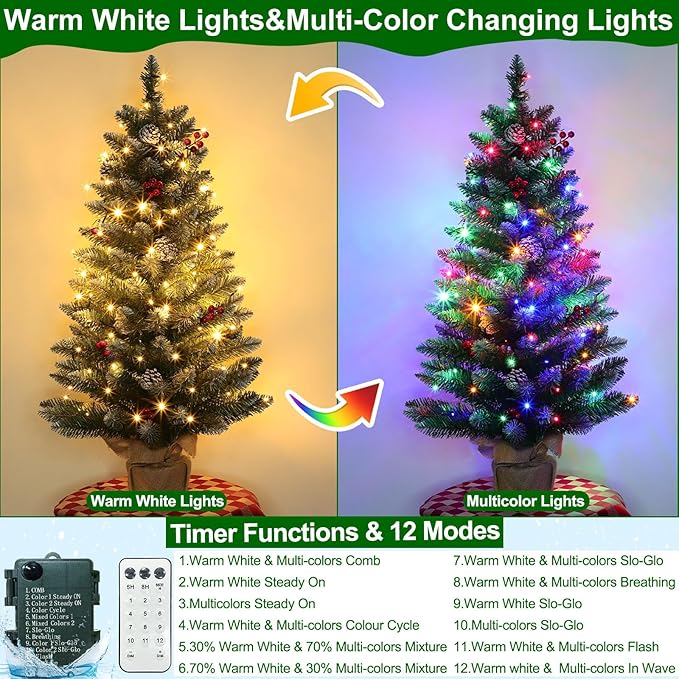 Remote Control - 3 Ft Artificial Mini Christmas Tree, Snowy Tabletop Christmas Tree 50 Warm White & Colorful Lights Timer Battery Operated 110 Branches 12 Pinecones 84 Red Berry Burlap Base Xmas Decor