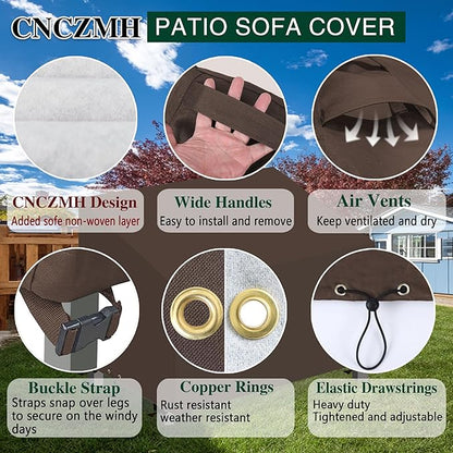 Heavy Duty Patio Sofa Covers Waterproof, Outdoor 3-Seater Couch Cover Waterproof, 600D Outdoor 2-Seater Loveseat Furniture Covers with Air Vent Handle 48''W x 28''D x 24''H/ 35''H Brown