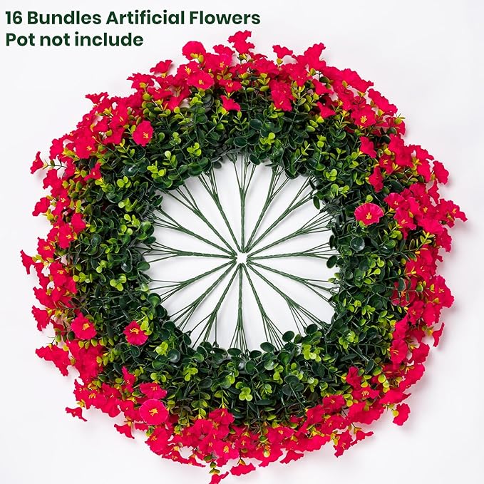 Artificial Faux Flowers for Outdoor 16 Bundles Boxwood Fake Morning Glory for Planter,UV Resistant Fake Flowers for Home Porch Patio Outside（Rose Red）