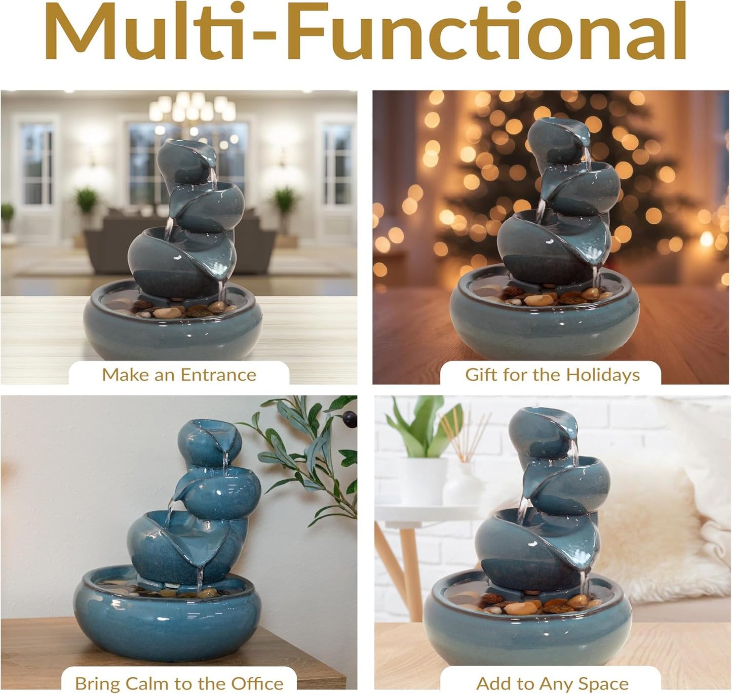 Sunnydaze Tiered Vessels Ceramic Tabletop Water Fountain - Relaxing Indoor Fountain for Office, Bedroom, or Living Room - Teal