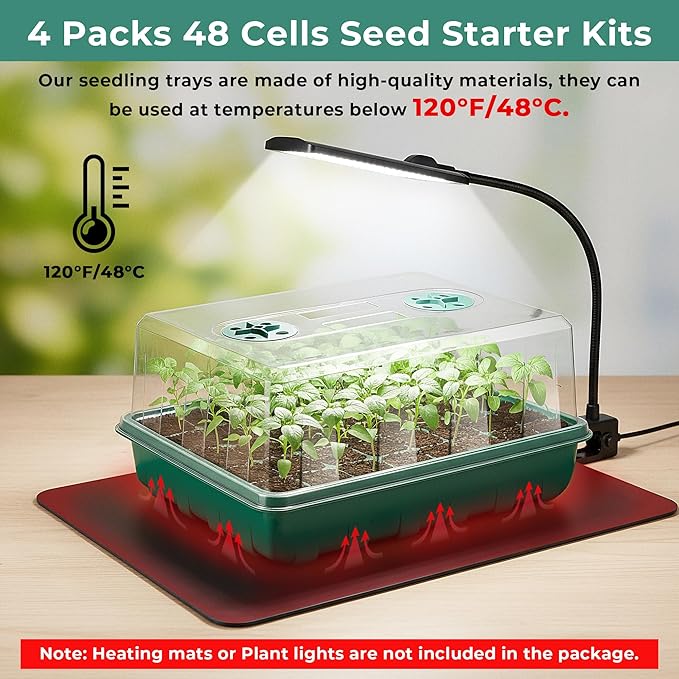 192 Cells Seed Starter Tray, 4 Packs Seed Starter Kit with Humidity Vented Domes and High Lid, Germination Kit for Indoor Greenhouse Seed Starter