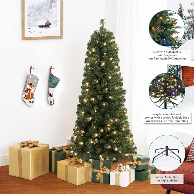 Vienna 4.5ft Prelit Slim Artificial Christmas Tree with 444 Branch Tips, 150 Warm Lights and Metal Stand, 25" Wide Realistic Skinny Pencil Christmas Tree with Lights by Naomi Home