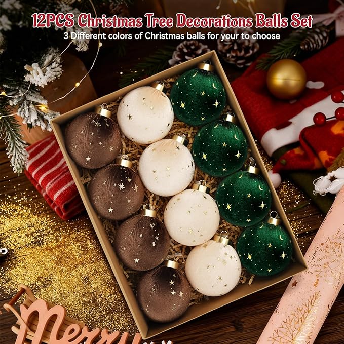 Christmas Tree Ornaments Velvet Balls - 12 Pcs Shatterproof Christmas Tree Hanging Bulbs Decorations Set for Holiday Party Xmas - Multicolor Green Brown Neutral - 3.15 Inch (80mm)