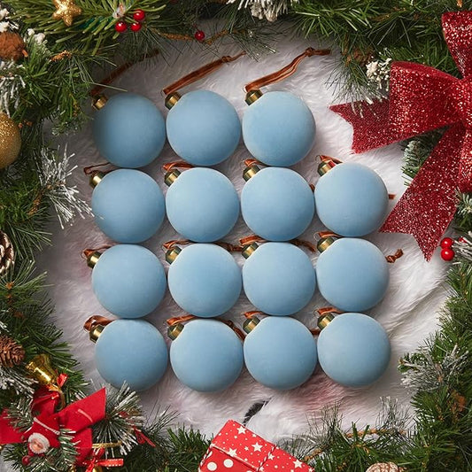 Brightown 15 Pcs Light Blue Velvet Christmas Balls, 2.36 Inch Velvet Ornaments for Christmas Tree, Christma Tree Flocked Ornaments Balls for Family Holiday Wedding Party Xmas Hanging Decoration