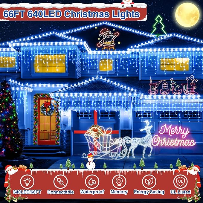 JXLEDAYY 65 FT 640 LED Christmas Lights Outdoor Decorations Clear Wire String Lights Plug in 120 Drops 8 Modes Memory Timer Connectable Curtain Fairy Lights Waterproof for Holiday Wedding Party-Blue