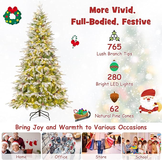 Goplus 6 FT Pre-Lit Artificial Christmas Tree, Snow Flocked Hinged Xmas Tree with 280 Warm-White LED Lights, 765 Tips, 62 Pine Cones, Lighted Xmas Tree for Office Home Decoration