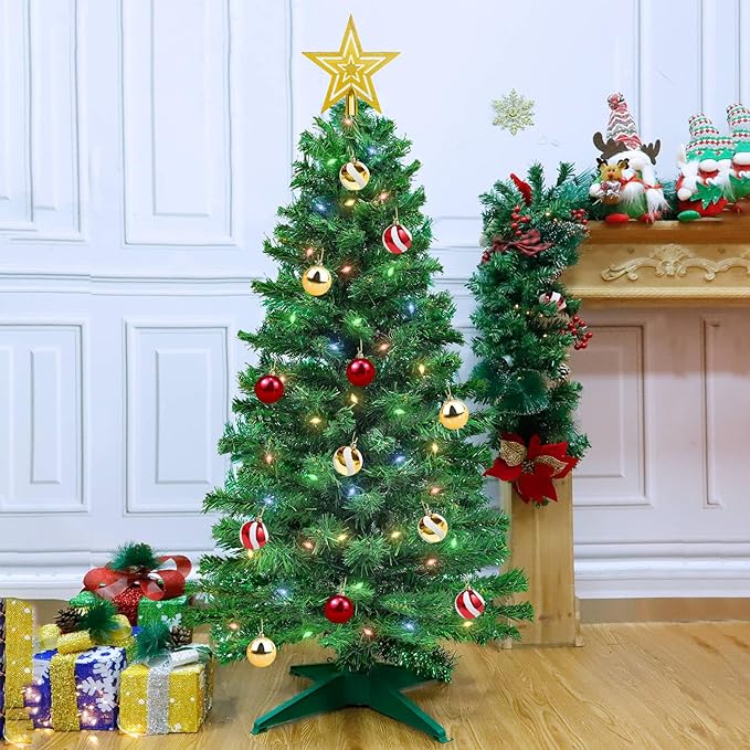 Remote 8 Mode & Timer 4 Ft Christmas Tree with 100 Warm White & Multi Color Change Lights 18 DIY Balls Ornaments 3D Star Battery Operated Small Xmas Tree Table Indoor Holiday Party Decor (Green)