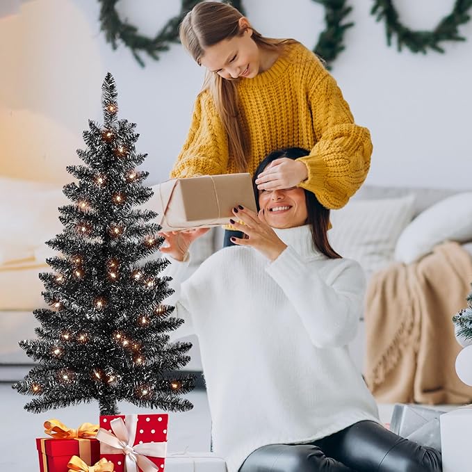 4ft Artificial Full Black Christmas Tree with Separate Lights, Not Pre-lit Mini Black Tinsel Pine Christmas Tree, 50 Lights, Small Xmas Tree for Home, Office, Party Decoration, Indoor