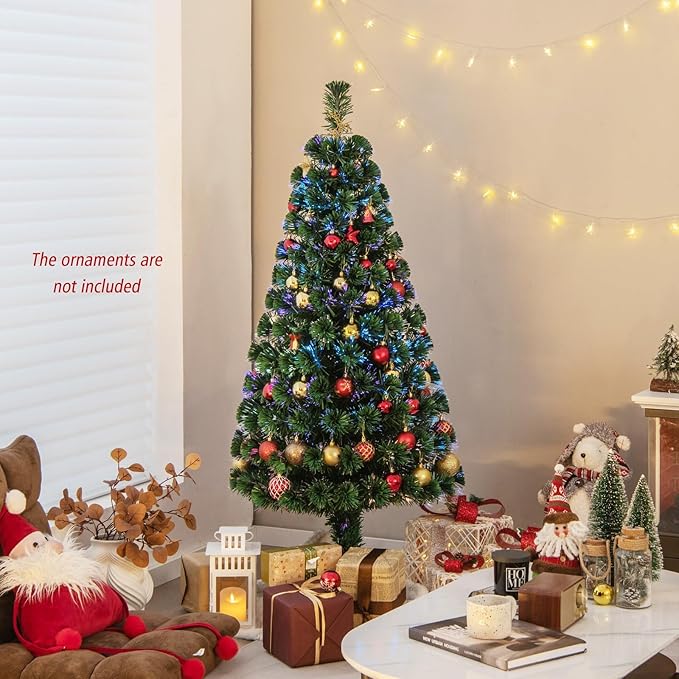 HAPPYGRILL 4FT Pre-Lit Fiber Optic Christmas Tree Artificial Christmas Tree with 125 PVC Tips, Green Xmas Tree with LED Lights for Indoor Outdoor Festival Decor