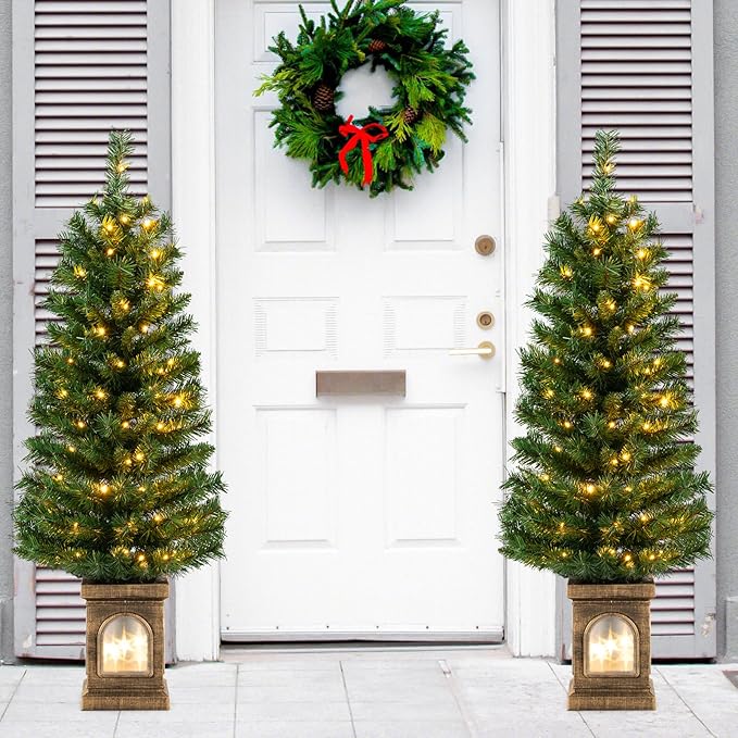 GOFLAME 4FT Pre-Lit Potted Christmas Tree, Artificial Entrance Xmas Tree with 100 LED Lights, 60 Branch Tips, Timer, Holiday Decoration Tree with 3 Lighting Modes, 4 Adjustable Brightness