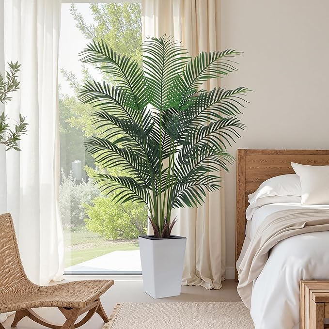 Artificial Palm Tree with White Tall Planter, 6ft Tall Potted Artificial Silk Palm Tree Plant, Fake Tropical Plant, Home Office Floor Room Decor Plants Indoor Outdoor, Housewarming Gift