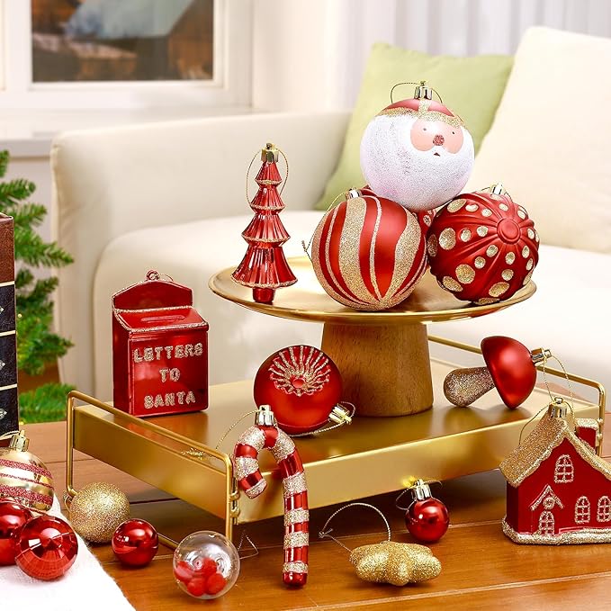 SHareconn 80ct Christmas Balls Ornaments Set, Shatterproof Plastic Colorful Xmas Decorative, Baubles for Tree Decorations with Hanging Strings, Red & Gold