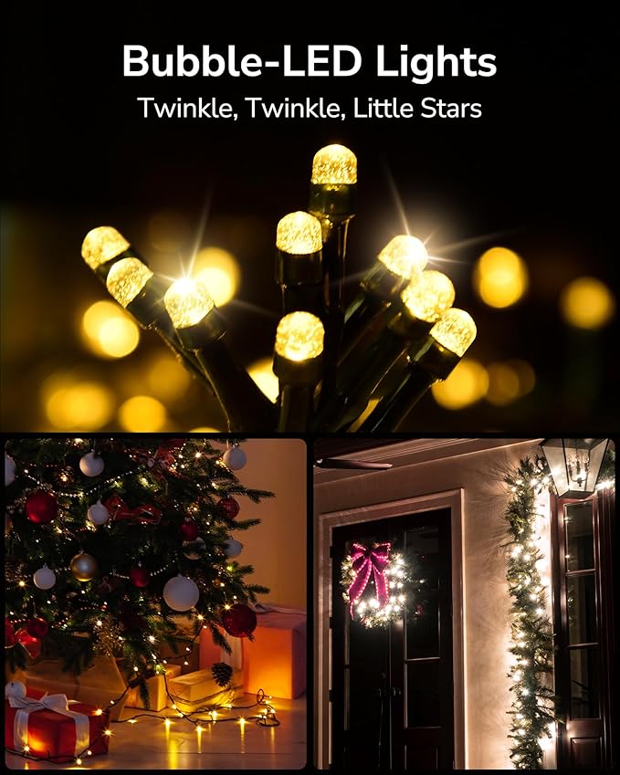 Christmas Lights, 200 LED 76FT Christmas Tree Lights, 2024 Upgraded Twinkle LED String Lights with 8 Modes for Indoor/Outdoor Xmas Tree Decorations, Bubble LED Warm White, Adapter Included