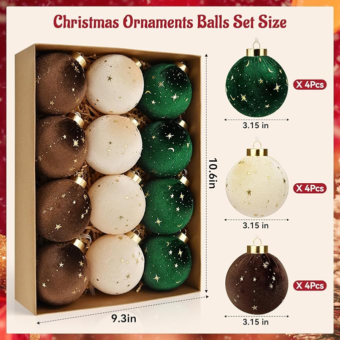 Christmas Tree Ornaments Velvet Balls - 12 Pcs Shatterproof Christmas Tree Hanging Bulbs Decorations Set for Holiday Party Xmas - Multicolor Green Brown Neutral - 3.15 Inch (80mm)