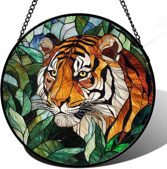 Stained Glass Window Hanging, Fierce Tiger Sun Catcher for Door Home Decor Wild Animals Suncatcher Christmas Mother's Day Birthday Gifts for Women Men Mom and Nana 6.3 in