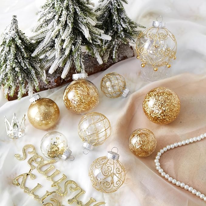 Wironlst Christmas Ball Ornaments Shatterproof Clear Large Plastic Hanging Ball Decorative Baubles Set with Stuffed Delicate Decorations (Multi-Size, Gold)