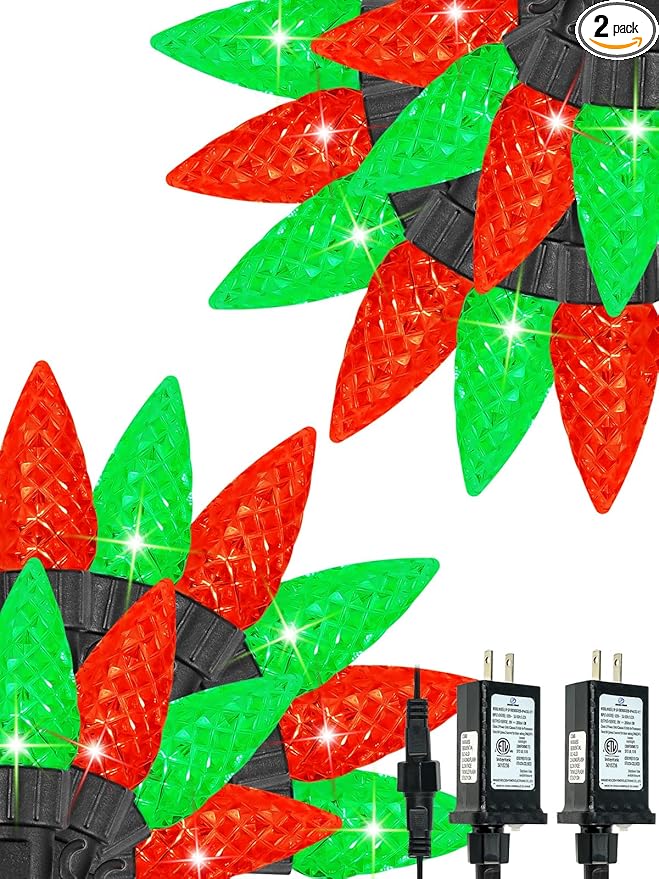 2 Pack C6 Christmas Lights Outdoor Indoor, Total 200 LED 66 FT Connectable Christmas String Lights with Timer & 13 Modes, Waterproof Twinkle Light for Xmas Tree Party Yards Decorations (Red and Green)