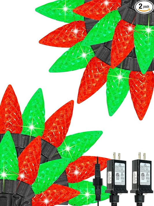 2 Pack C6 Christmas Lights Outdoor Indoor, Total 200 LED 66 FT Connectable Christmas String Lights with Timer & 13 Modes, Waterproof Twinkle Light for Xmas Tree Party Yards Decorations (Red and Green)