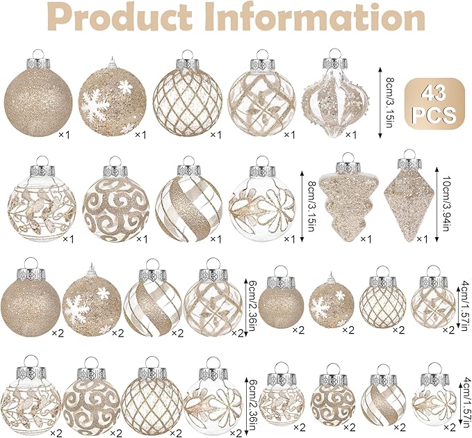 43 PCS Christmas Ball Ornaments Set, Clear Plastic Shatterproof Champagne Christmas Ornaments Hanging Balls Baubles Xmas Tree Decorations for Holiday Home Indoor Wedding Party Decor