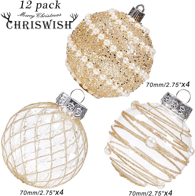 12CT Christmas Ball Ornaments Champagne Shatterproof Clear Large Plastic Christmas Tree Decoration, Delicate Hanging Ornaments for Xmas Party, Wedding, Holiday and Home Décor(70mm/2.76")