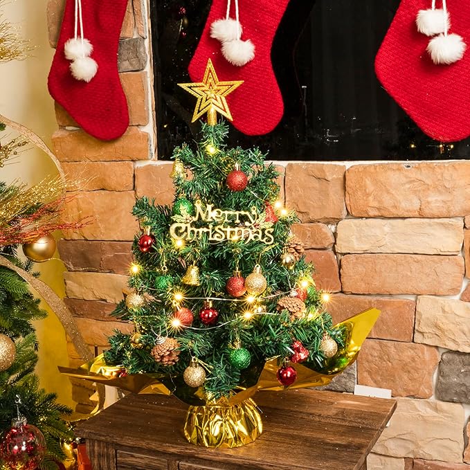 XmasExp 20in Mini Christmas Tree Artificial Small Christmas Tree with Lights,Star Treetop,Ornaments Balls,Bells and Pine Cones DIY Xmas Decorations Green