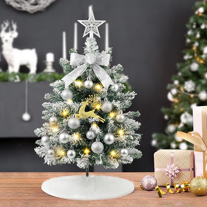 N&T NIETING 24 Inch Small Christmas Tree with Lights, Mini Flocked Christmas Tree Set, 2FT Table Top Artificial Christmas Trees with Ornaments, Little Xmas Tree for Holiday DIY Christmas Decoration