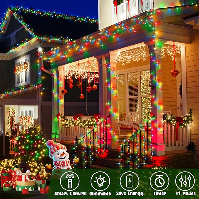 Hezbjiti 403FT 1000LED Color Changing Christmas Lights Outdoor, 11 Modes String Lights IP44 Waterproof Fairy Lights for Party Wedding Tree Decorations (Multicolor to Warm White, Clear Wire)