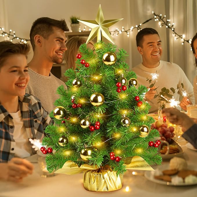 Mini Prelit Christmas Tree, 22" Tabletop Decoration with Warm Lights, Gold Ornaments, Red Berries & Cloth Bag Base