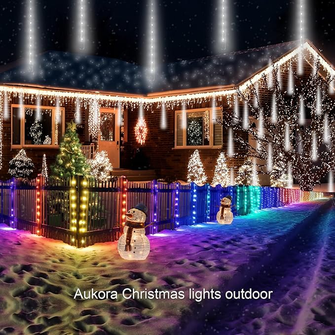 Aukora Christmas String Lights Outdoor, LED Meteor Shower Light 11.8 inch 8 Tubes 192leds, Icicle Snow Falling Lights for Xmas Tree Wedding Party Holiday Garden Thanksgiving Decoration (White)