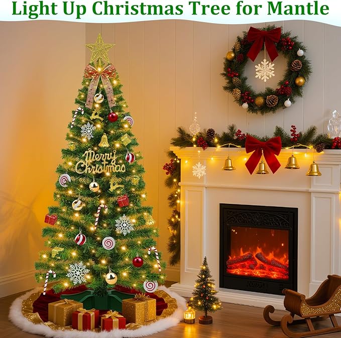 [ 71 Ornaments ] 4 Ft Artificial Christmas Tree with 100 Warm White Light 3D Star Merry Christmas Sign Ball Bow Deer Snowflake Gift Box Timer Battery Operated Xmas Tree for Indoor Home Decoration