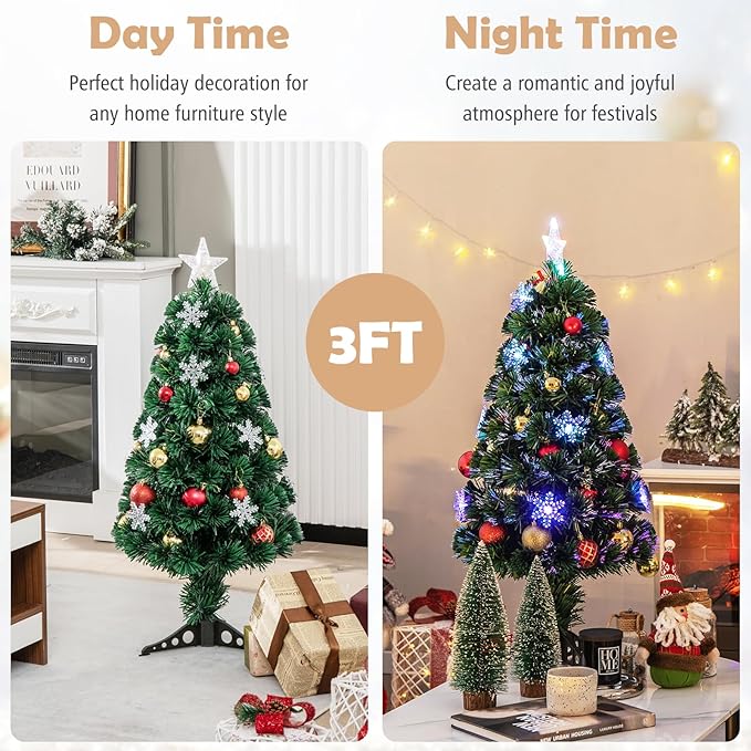 Goplus 3ft Pre-Lit Fiber Optic Christmas Tree for Tabletop, Small Mini Artificial Xmas Full Tree with Colorful Snowflake LED Lights, 85 Branch Tips, for Office Home Holiday Decor