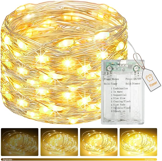 btfarm Fairy Lights Battery Operated with Timer 8 Modes, 16.4 FT 50 LED Silver Wire Twinkle String Lights Battery Powered Dimmable Waterproof for Indoor Home Party Wedding Christmas Decor, Warm White