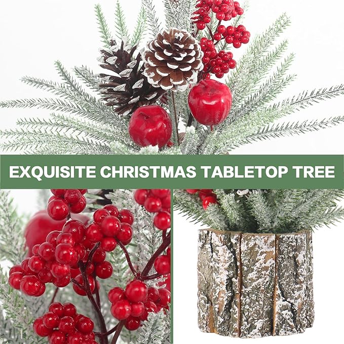 Super Holiday Small Christmas Tree, Artificial Mini Tabletop Christmas Tree Decorations Include Apple/Berry/Pinecone, for Home Party Thankgivings Christmas Decor, Indoor 13.7 Inch