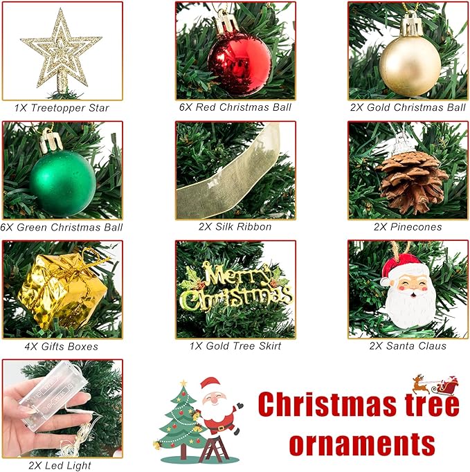 20" Mini Christmas Tree, Artificial Mini Christmas Tree with Lights, Tabletop Christmas Tree with Star Treetop Pinecones Boxes and Ball Ornaments for DIY Christmas Decoration (Green&Red)