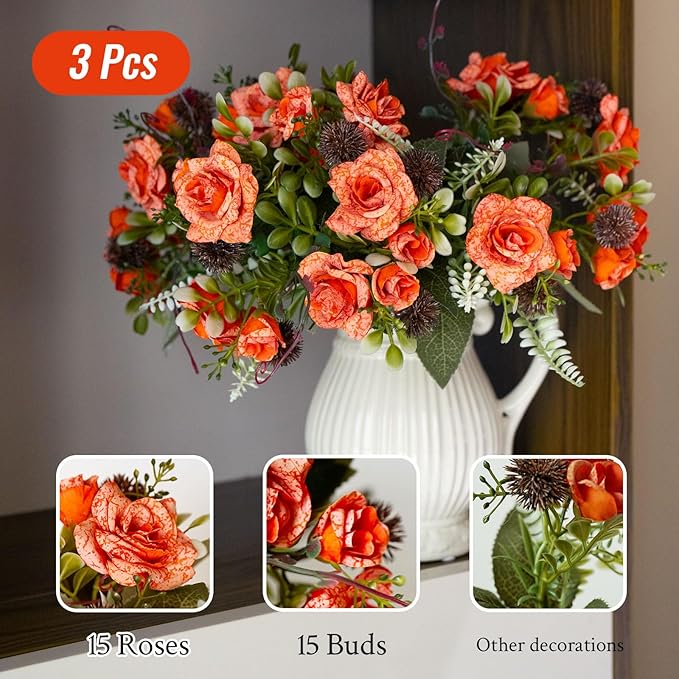 3 Bundles Fall Artificial Flowers Bouquet, Fake Roses Bouquet for Centerpiece Table Wedding Party Home Decor (Orange)