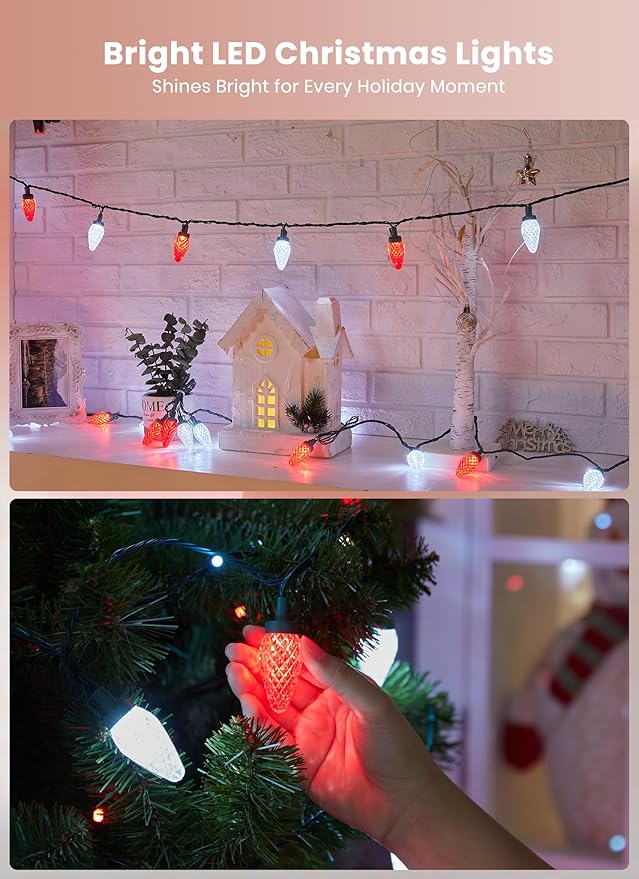 C9 LED Christmas Lights Outdoor, 81 Feet 100 LED String Lights with Timer & 8 Light Mode, Waterproof Commercial Grade Christmas Tree Lights for Outside Indoor Roofline Patio Decor, Red & Pure White