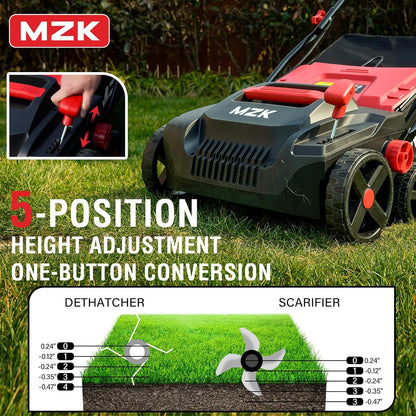 MZK 15-inch 2-in-1 Electric Dethatcher and Scarifier w/Removeable 5-Position Height Adjustment,Lawn dethatcher w/12-Gallon Thatch Collection Bag,Keep Lawn Health,DS15A03