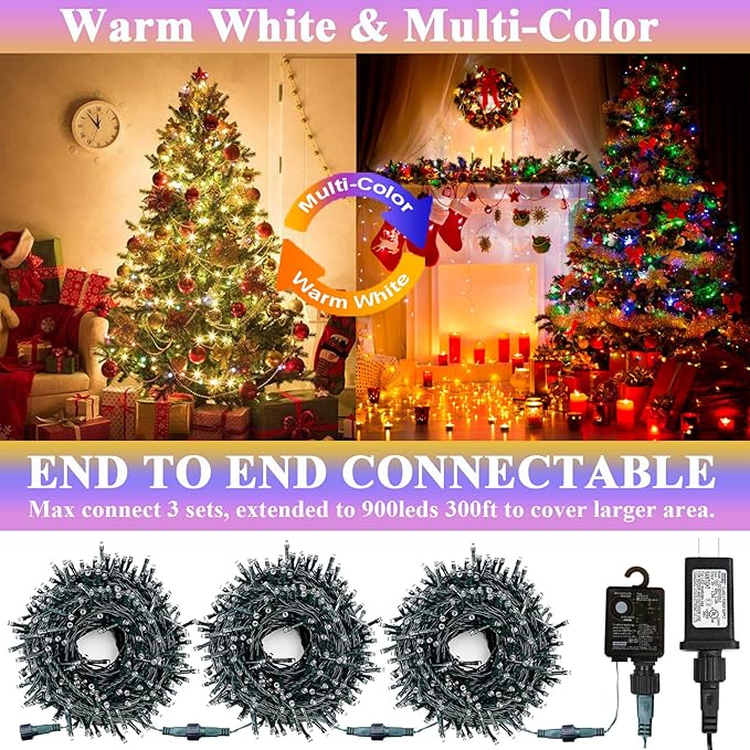 Decute 800Leds 272FT Colors Changing Christmas String Lights 4 Colors in 1 Strand 11 Modes, Waterproof Indoor Outdoor Tree Fairy Lights Warm White & Multicolor with Timer Remote