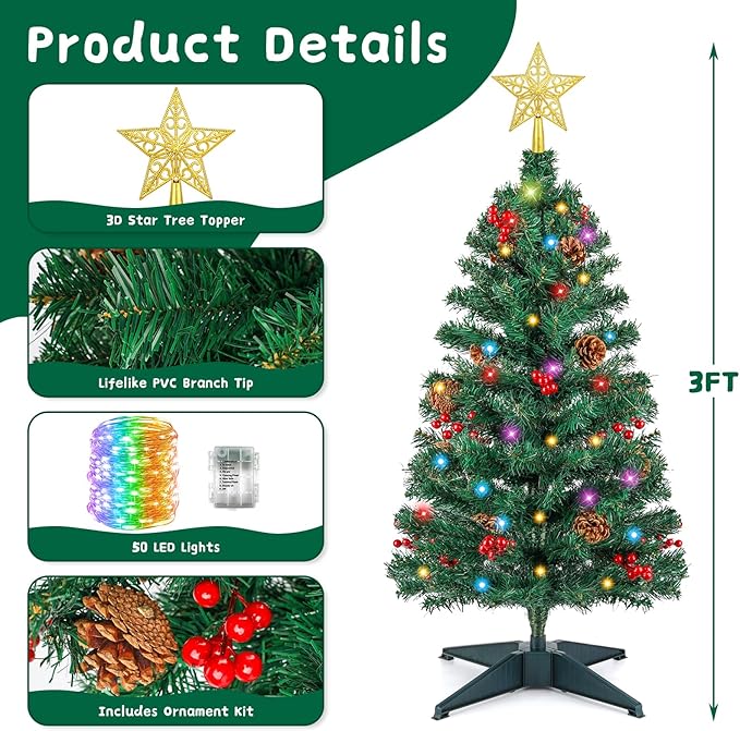 3FT Artificial Christmas Tree with Lights - 12 Lighting Modes, Timer&Ornaments, Mini Fake Xmas Tree for Tabletop, Home, Office, Christmas Decoration Tree Decor