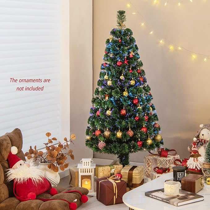 HAPPYGRILL 5FT Pre-Lit Fiber Optic Christmas Tree Artificial Christmas Tree with 170 PVC Tips, Green Xmas Tree with LED Lights for Indoor Outdoor Festival Decor