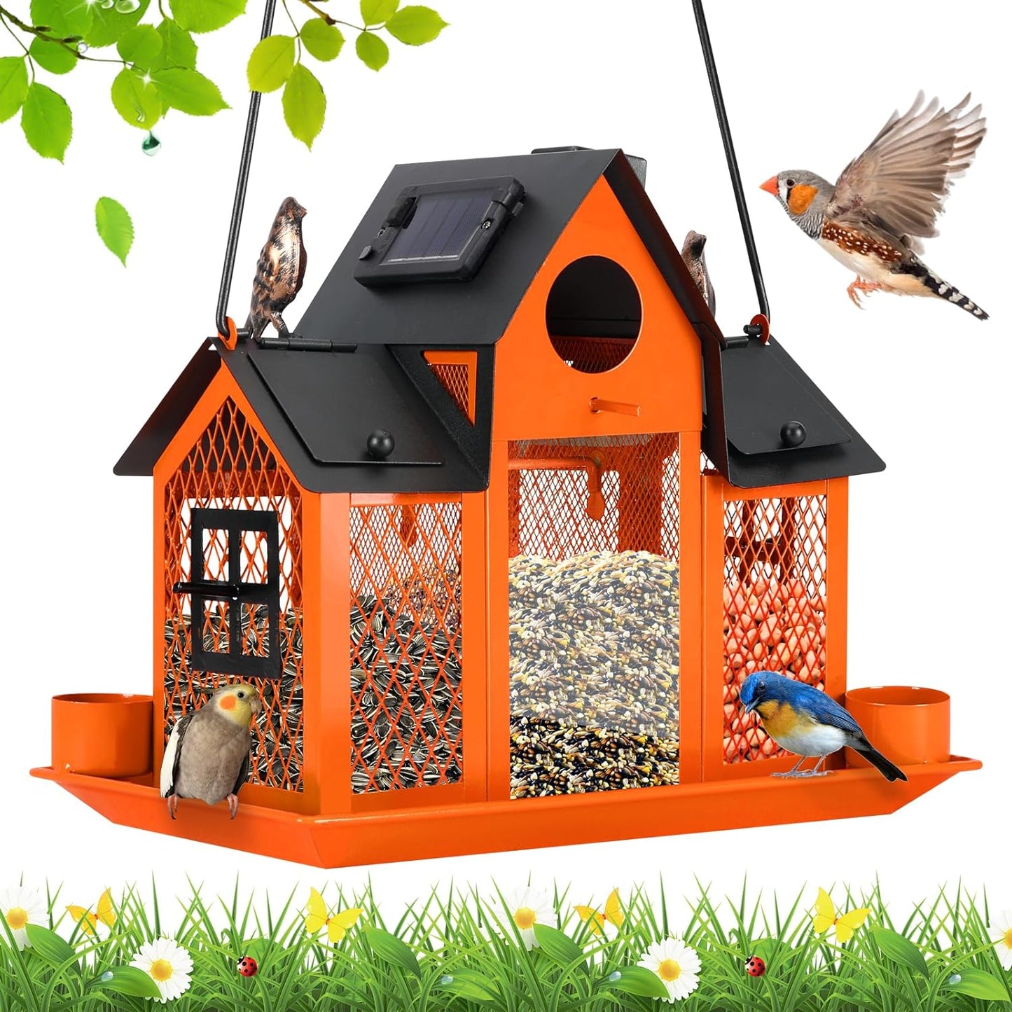 Solar Bird Feeders House for Outside Hanging, Metal Wild Bird Feeder for Outdoors, Large Cardinal Bird Feeder Birdhouses Orange