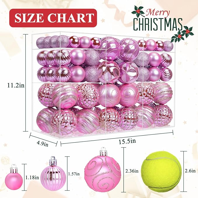 100 Pack Pink Christmas Ball Ornaments Set, Hand-Painted Shatterproof Hanging Decorations, Assorted Baubles Bulk for Xmas Tree Wreath, Winter Holiday Home Party Decor