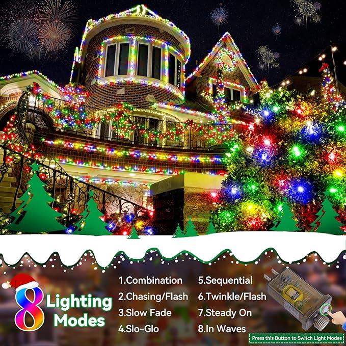 Heceltt Christmas Lights Outdoor, 403FT 1000 LED String Lights 8 Modes and Timer Memory Function Twinkle Fairy Lights IP44 Waterproof Plug in for Xmas Tree Wedding Party Holiday Decor(Multicolor)