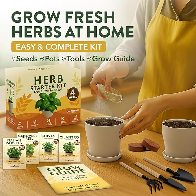 HOME GROWN Herb Garden Planter Indoor Kit – Unique Christmas Gift for Adults, Men, & Women - Grow 4 Heirloom Herb Seeds on Kitchen Window – Beginner DIY Craft & Hobby Gardening Gift for Plant Lovers