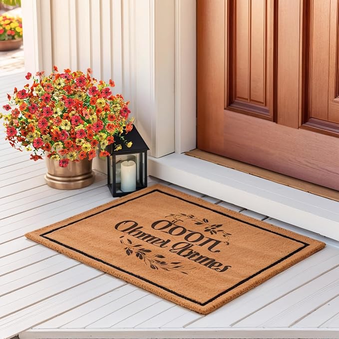 SHIAWASENA Realistic Outdoor Fake Plants Flowers, Artificial Flowers, UV Resistant, 12 Bundles Faux Silk Colorful Violet Flowers Bouquet with Eucalyptus (Yellow & Orange & Red)