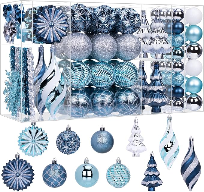 108 Pcs Christmas Ball Ornaments Set, Blue and Silver Shatterproof Hand-Painted Hanging Bulbs Bulk, Decoration for Xmas Tree, Wreath, Garland, Home Holiday Decor