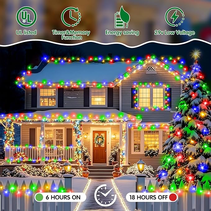 Heceltt Christmas Lights Outdoor, 125FT 350 LED String Lights 8 Modes and Timer Memory Function Twinkle Fairy Lights Waterproof Plug in for Xmas Tree Wedding Party Holiday Decor(Multicolor)