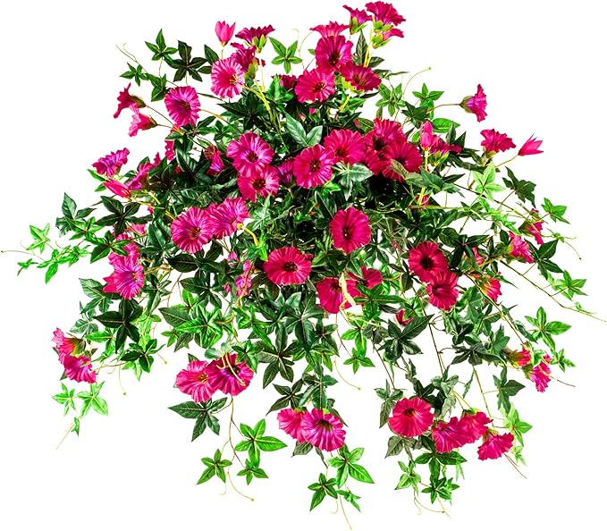 Artificial Flowers Artificial Petunias for Outdoors 2PCS Artificial Hanging Plants Outdoors Silk Flowers with Stems Outdoor Flowers Uv Resistant for Porch Terrace Decor，Rose Red，Without Pot