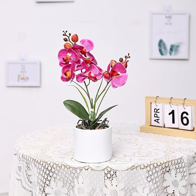 Jusdreen Artificial Purple Orchid, Phalaenopsis in Ceramic Pot with Vase for Home Office Table Decor, Flower Centerpiece