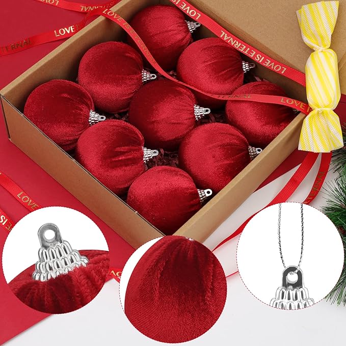 Woration 9pcs Red Velvet Christmas Hanging Ornaments Balls Set 2.36inch Garlands Xmas Tree DIY Decoration Hanging Plastic Balls for Holiday Wedding